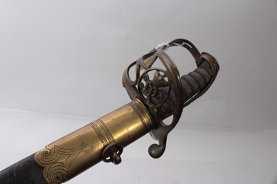 Lot 316 - Victorian 1845 Pattern Infantry Officers' sword with brass Gothic hilt , plain fullered blade professionally shortened in brass mounted leather scabbard ( chape lacking )