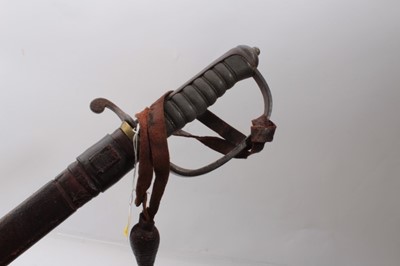 Lot 321 - First World War Royal Artillery Officers' sword with three bar hilt and leather knot, plain slightly curved fullered blade sharpened for active service in pigskin scabbard