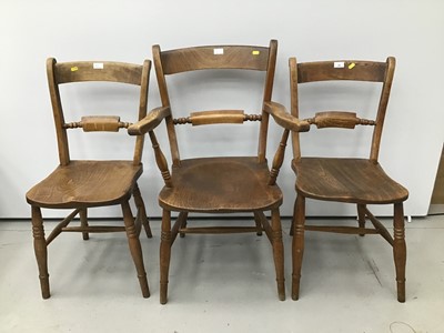 Lot 62 - Victorian elm and beech kitchen elbow chair with knife bar back together with two matching kitchen chairs