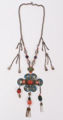 Lot 1 - Chinese white metal enamelled open work panel necklace set with three coral cabochons and further coral and turquoise beads suspended from panel. The chain also set with coral, lapis lazuli and gre...