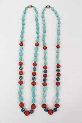 Lot 9 - Two turquoise, coral and cloisonné bead necklaces