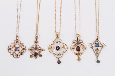 Lot 11 - Five Edwardian 9ct gold gem set open work pendants on 9ct gold chains