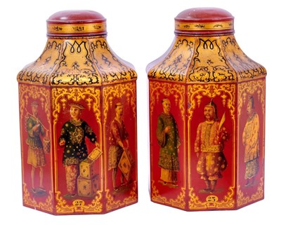 Lot 200 - Fine pair of 19th century toleware tea canisters and covers of octagonal form with original chinoiserie ornament, stamped G. Sutcliffe, Maker, Manchester, 44cm high