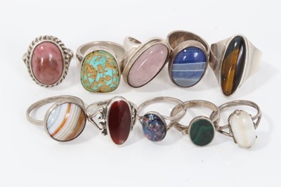 Lot 34 - Ten silver and white metal semi precious gem stone rings
