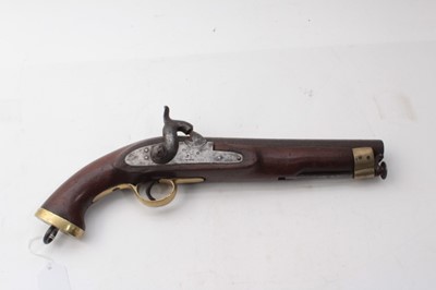 Lot 374 - 19th century East India Company Percussion cavalry pistol with EIC lion crest on the lock, .650 carbine bore barrel with London proof , brass mounted walnut stock with steel swivel ramrod and stee...