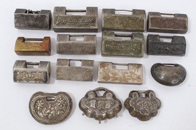 Lot 45 - Collection of 15 Chinese silver, white metal and brass padlock style pendants