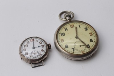 Lot 203 - Second World War G.S.T.P open face pocket watch, with white enamel dial, luminous Arabic numerals, minute, subsidiary seconds and button wind movement, rear of case, stamped G.S.T.P, 204983 togethe...