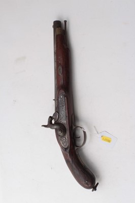 Lot 380 - 19th century Percussion trade pistol with engraved side lock, octagonal .577 bore barrel with walnut stock and brass mounts 44 cm overall