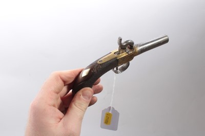 Lot 383 - Mid-19th century Percussion pocket pistol with brass box lock frame , turnoff steel barrel with Birmingham proofs, finel chequered walnut bag grip 18cm in fitted box with some accesories