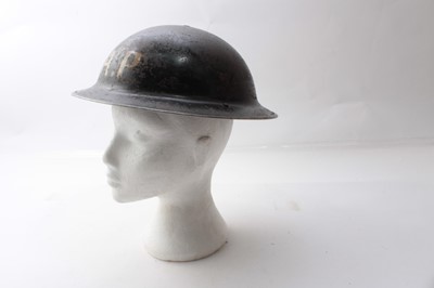Lot 229 - Second World War British Military MKII Steel Helmet with black painted finish and white lettering to front- F.A.P. (First Aid Party) with chinstrap and liner.
