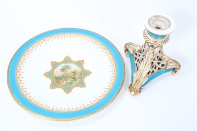 Lot 11 - 19th century English porcelain part dessert service, possibly Minton, decorated in the aesthetic style with central panels containing painted pastoral scenes, including five tazza and eleven plates...