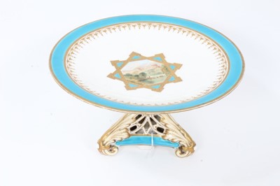 Lot 11 - 19th century English porcelain part dessert service, possibly Minton, decorated in the aesthetic style with central panels containing painted pastoral scenes, including five tazza and eleven plates...