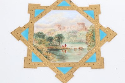 Lot 11 - 19th century English porcelain part dessert service, possibly Minton, decorated in the aesthetic style with central panels containing painted pastoral scenes, including five tazza and eleven plates...