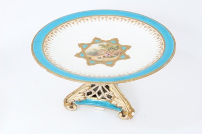 Lot 11 - 19th century English porcelain part dessert service, possibly Minton, decorated in the aesthetic style with central panels containing painted pastoral scenes, including five tazza and eleven plates...