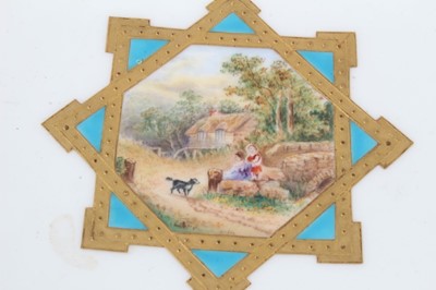 Lot 11 - 19th century English porcelain part dessert service, possibly Minton, decorated in the aesthetic style with central panels containing painted pastoral scenes, including five tazza and eleven plates...