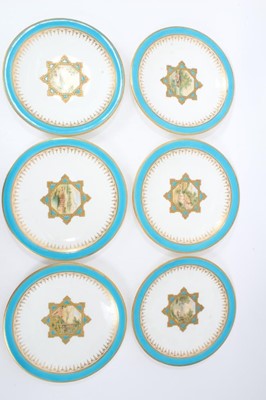 Lot 11 - 19th century English porcelain part dessert service, possibly Minton, decorated in the aesthetic style with central panels containing painted pastoral scenes, including five tazza and eleven plates...