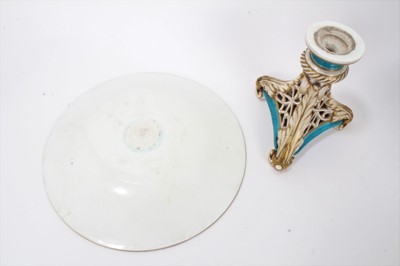 Lot 11 - 19th century English porcelain part dessert service, possibly Minton, decorated in the aesthetic style with central panels containing painted pastoral scenes, including five tazza and eleven plates...