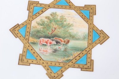 Lot 11 - 19th century English porcelain part dessert service, possibly Minton, decorated in the aesthetic style with central panels containing painted pastoral scenes, including five tazza and eleven plates...