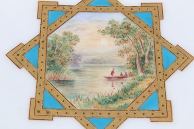Lot 11 - 19th century English porcelain part dessert service, possibly Minton, decorated in the aesthetic style with central panels containing painted pastoral scenes, including five tazza and eleven plates...