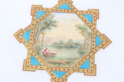Lot 11 - 19th century English porcelain part dessert service, possibly Minton, decorated in the aesthetic style with central panels containing painted pastoral scenes, including five tazza and eleven plates...