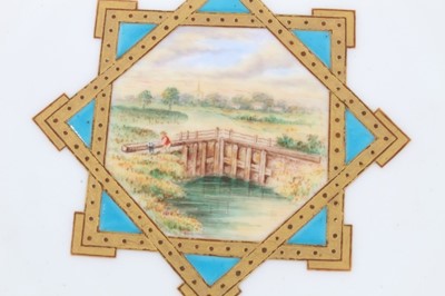 Lot 11 - 19th century English porcelain part dessert service, possibly Minton, decorated in the aesthetic style with central panels containing painted pastoral scenes, including five tazza and eleven plates...