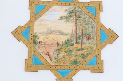 Lot 11 - 19th century English porcelain part dessert service, possibly Minton, decorated in the aesthetic style with central panels containing painted pastoral scenes, including five tazza and eleven plates...