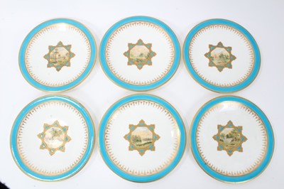 Lot 11 - 19th century English porcelain part dessert service, possibly Minton, decorated in the aesthetic style with central panels containing painted pastoral scenes, including five tazza and eleven plates...