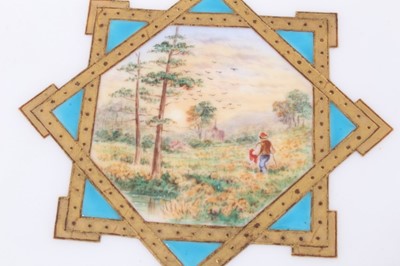 Lot 11 - 19th century English porcelain part dessert service, possibly Minton, decorated in the aesthetic style with central panels containing painted pastoral scenes, including five tazza and eleven plates...