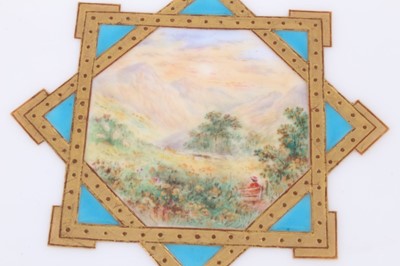 Lot 11 - 19th century English porcelain part dessert service, possibly Minton, decorated in the aesthetic style with central panels containing painted pastoral scenes, including five tazza and eleven plates...