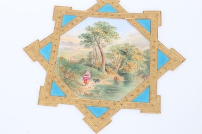 Lot 11 - 19th century English porcelain part dessert service, possibly Minton, decorated in the aesthetic style with central panels containing painted pastoral scenes, including five tazza and eleven plates...