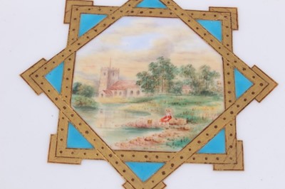 Lot 11 - 19th century English porcelain part dessert service, possibly Minton, decorated in the aesthetic style with central panels containing painted pastoral scenes, including five tazza and eleven plates...