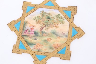 Lot 11 - 19th century English porcelain part dessert service, possibly Minton, decorated in the aesthetic style with central panels containing painted pastoral scenes, including five tazza and eleven plates...