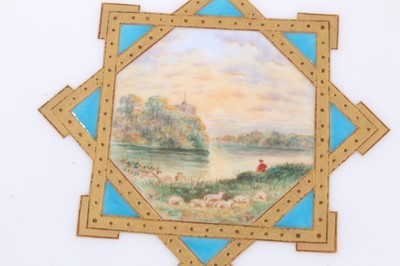 Lot 11 - 19th century English porcelain part dessert service, possibly Minton, decorated in the aesthetic style with central panels containing painted pastoral scenes, including five tazza and eleven plates...