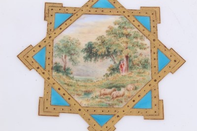 Lot 11 - 19th century English porcelain part dessert service, possibly Minton, decorated in the aesthetic style with central panels containing painted pastoral scenes, including five tazza and eleven plates...
