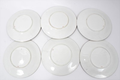 Lot 11 - 19th century English porcelain part dessert service, possibly Minton, decorated in the aesthetic style with central panels containing painted pastoral scenes, including five tazza and eleven plates...
