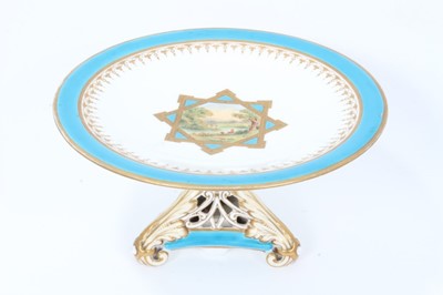 Lot 11 - 19th century English porcelain part dessert service, possibly Minton, decorated in the aesthetic style with central panels containing painted pastoral scenes, including five tazza and eleven plates...