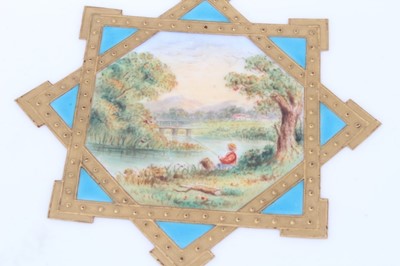 Lot 11 - 19th century English porcelain part dessert service, possibly Minton, decorated in the aesthetic style with central panels containing painted pastoral scenes, including five tazza and eleven plates...