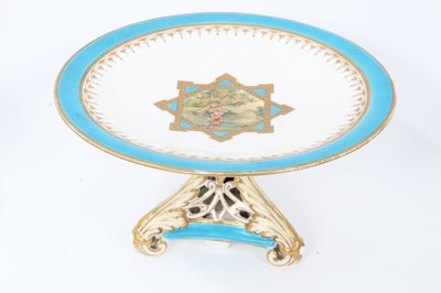 Lot 11 - 19th century English porcelain part dessert service, possibly Minton, decorated in the aesthetic style with central panels containing painted pastoral scenes, including five tazza and eleven plates...