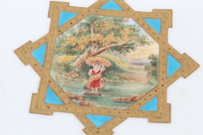 Lot 11 - 19th century English porcelain part dessert service, possibly Minton, decorated in the aesthetic style with central panels containing painted pastoral scenes, including five tazza and eleven plates...