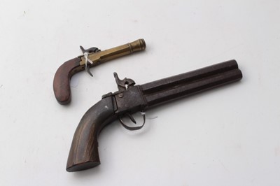 Lot 388 - 19th century percussion double barrelled over and under pistol with horn grips and Belgian percussion pocket pistol with brass frame