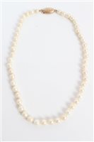 Lot 3340 - Cultured pearl necklace with gold (9ct) clasp,...