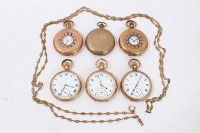 Lot 119 - Six gold plated pocket watches and gold plated fob chain