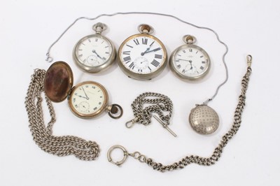 Lot 120 - Goliath pocket watch, full hunter fob watch on chain, three other pocket watches and three watch chains