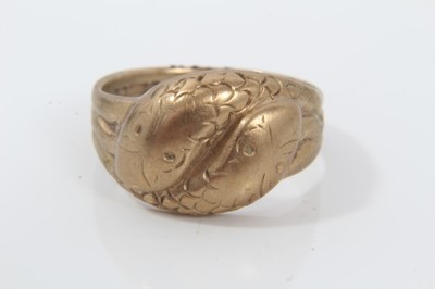Lot 128 - 1950s 9ct gold double snake ring