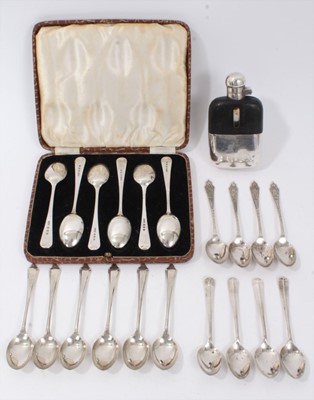 Lot 142 - Set of six silver teaspoons in a fitted case, other silver teaspoons and a silver plated hip flask