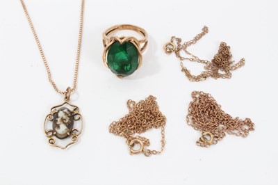 Lot 145 - 9ct gold green stone cocktail ring, 9ct gold mounted cameo pendant on 9ct gold chain and three other chains