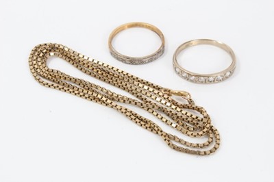 Lot 162 - 18ct gold synthetic white stone half eternity ring, one other ring and yellow metal chain