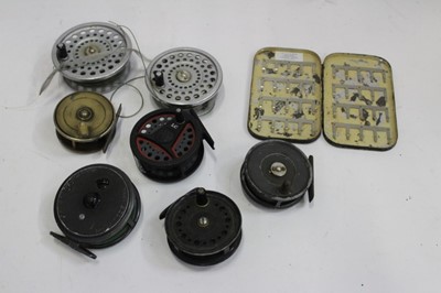 Lot 1948 - Collection of fishing reels, including a Hardy Viscount 140, Hardy Uniqua 3 1/8", Leeda 80, Condex, three others, and a fly tin