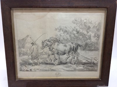 Lot 257 - After George Morland lithographic print, together with a 19th century oil on board landscape and 19th century watercolour of a landscape with church spire
