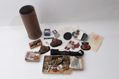 Lot 256 - Group of Second World War medals comprising 1939 - 1945 Star, France and Germany Star, Atlantic Star, Burma Star, War medal x2 and various cap badges and related items